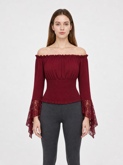 Off-Shoulder Blouse with Lace Cuffs front view