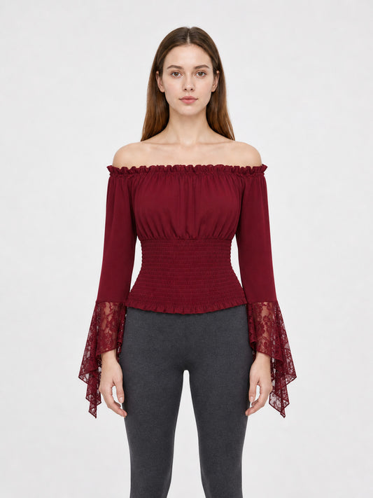 Off-Shoulder Blouse with Lace Cuffs front view