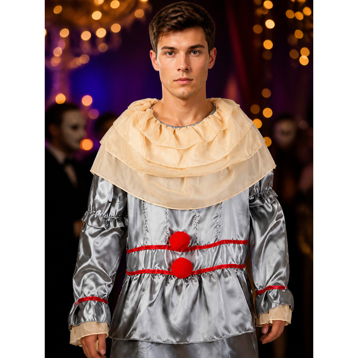 Adult Clown Jumpsuit Costume with Ruffled Collar and Red Sashes on-model view