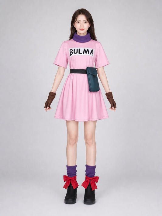 Bulma Dragon Ball Z Cosplay Costume, Pink Dress front view