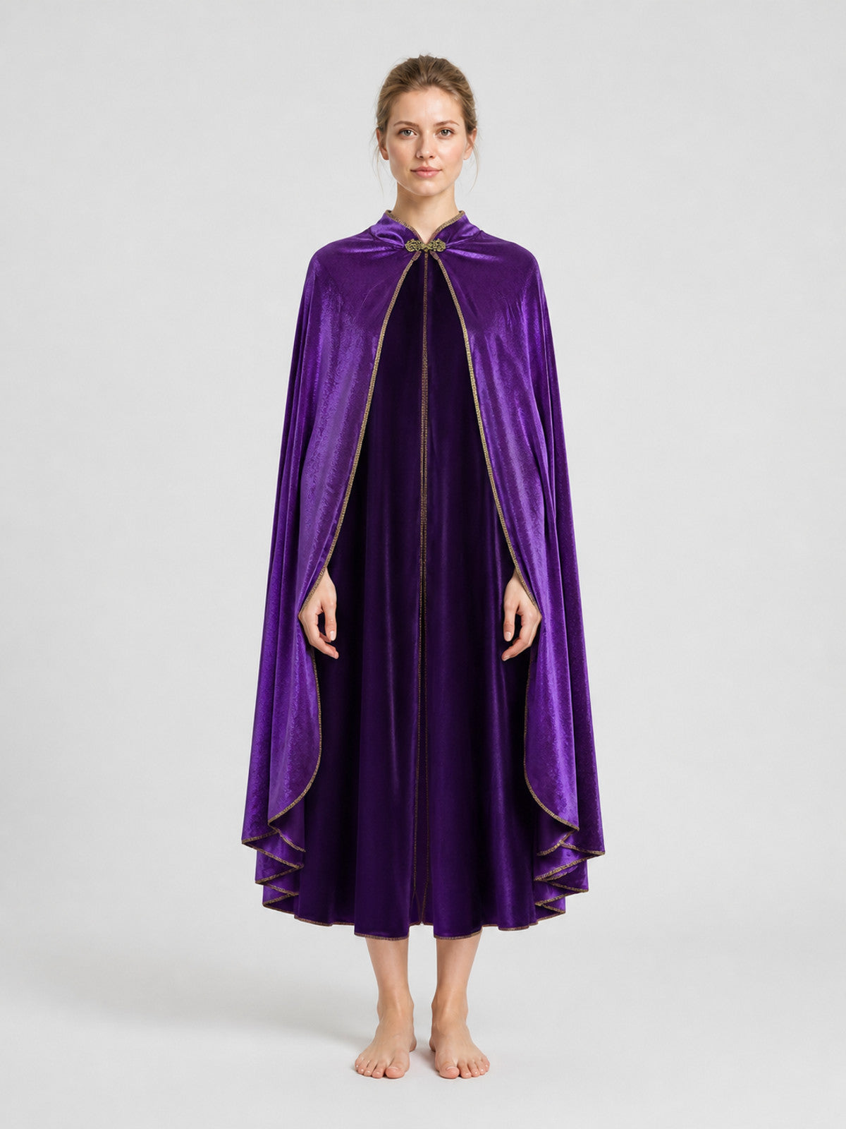 Velvet Cape with Stand Collar, Gold Trim on-model view