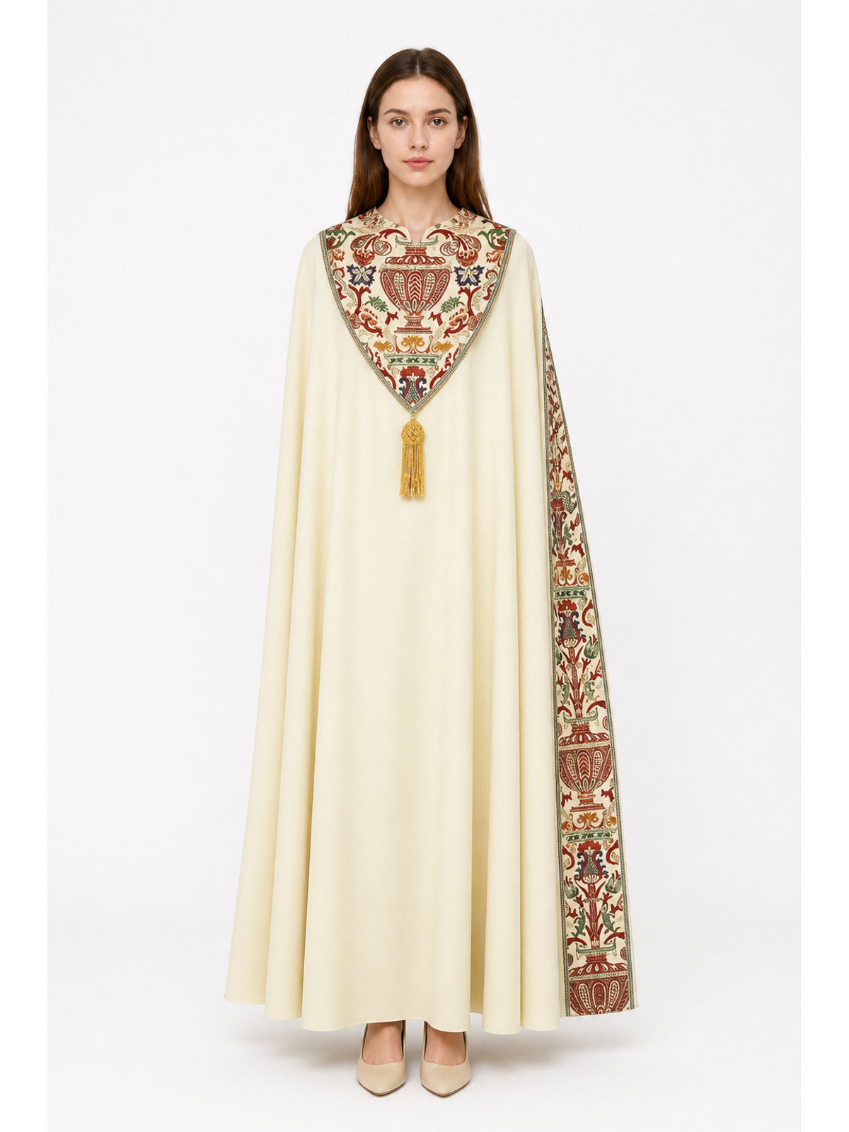 Long Cape with Fringe and Geometric Pattern main product view