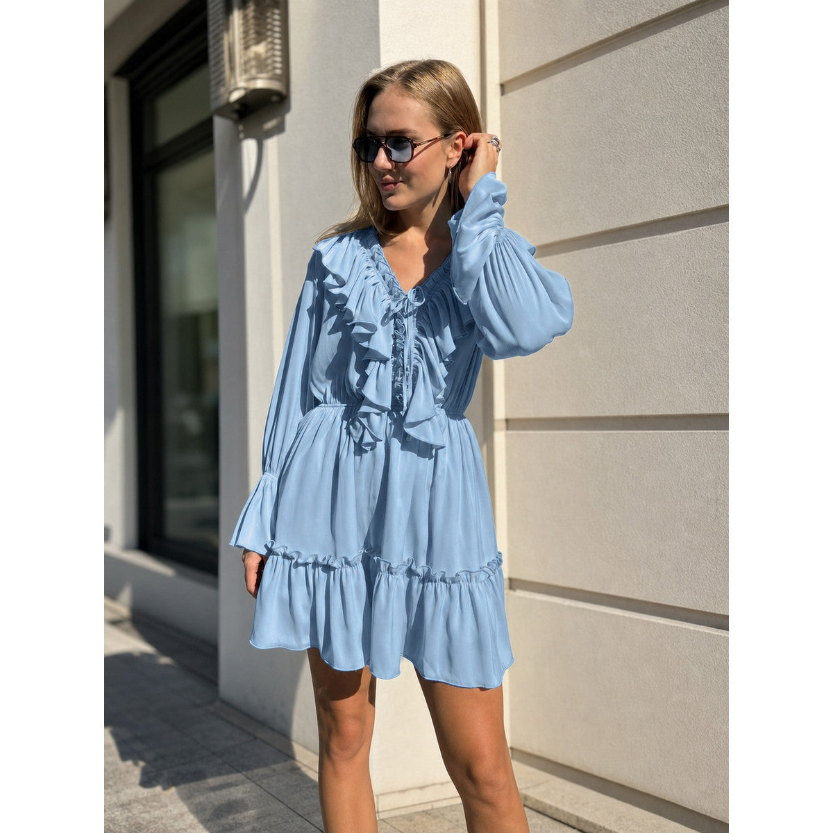 Women’s Light Blue Dress with Ruffles and a Gathered Bodice