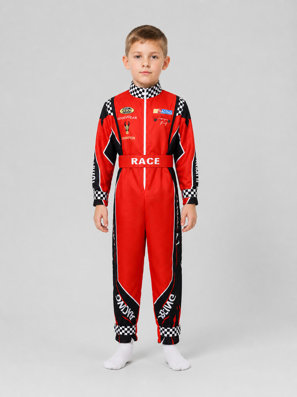 Racing Jumpsuit with Belt, Red, White, and Black on-model view