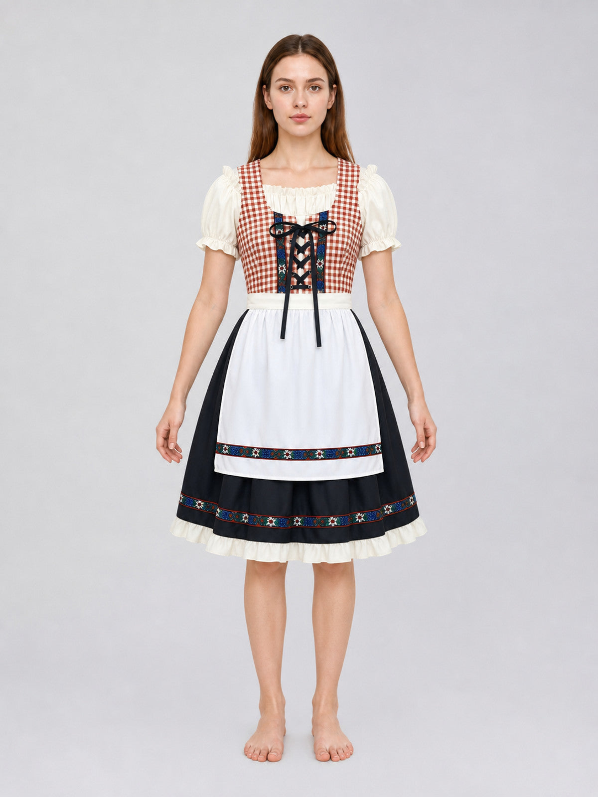 This traditional costume is designed in a vintage folk style and is suitable for front view