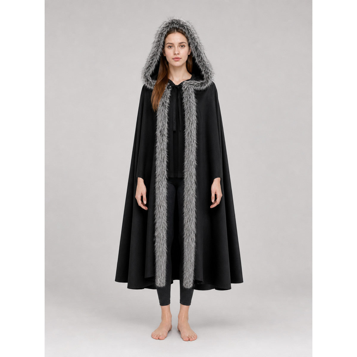 Black hooded costume cloak with fur trim