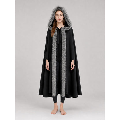 Black hooded costume cloak with fur trim