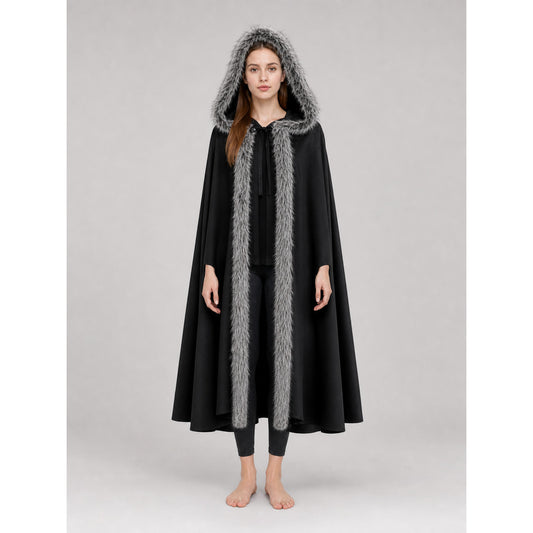 Black hooded costume cloak with fur trim