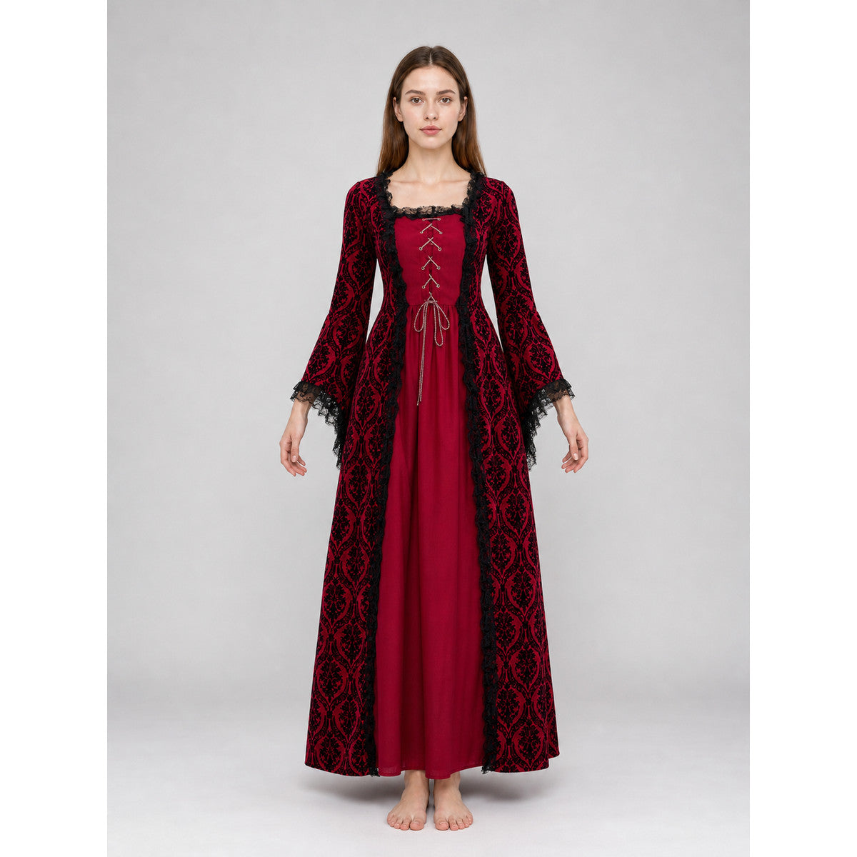 Renaissance Dress with Lace and a Full Skirt front view