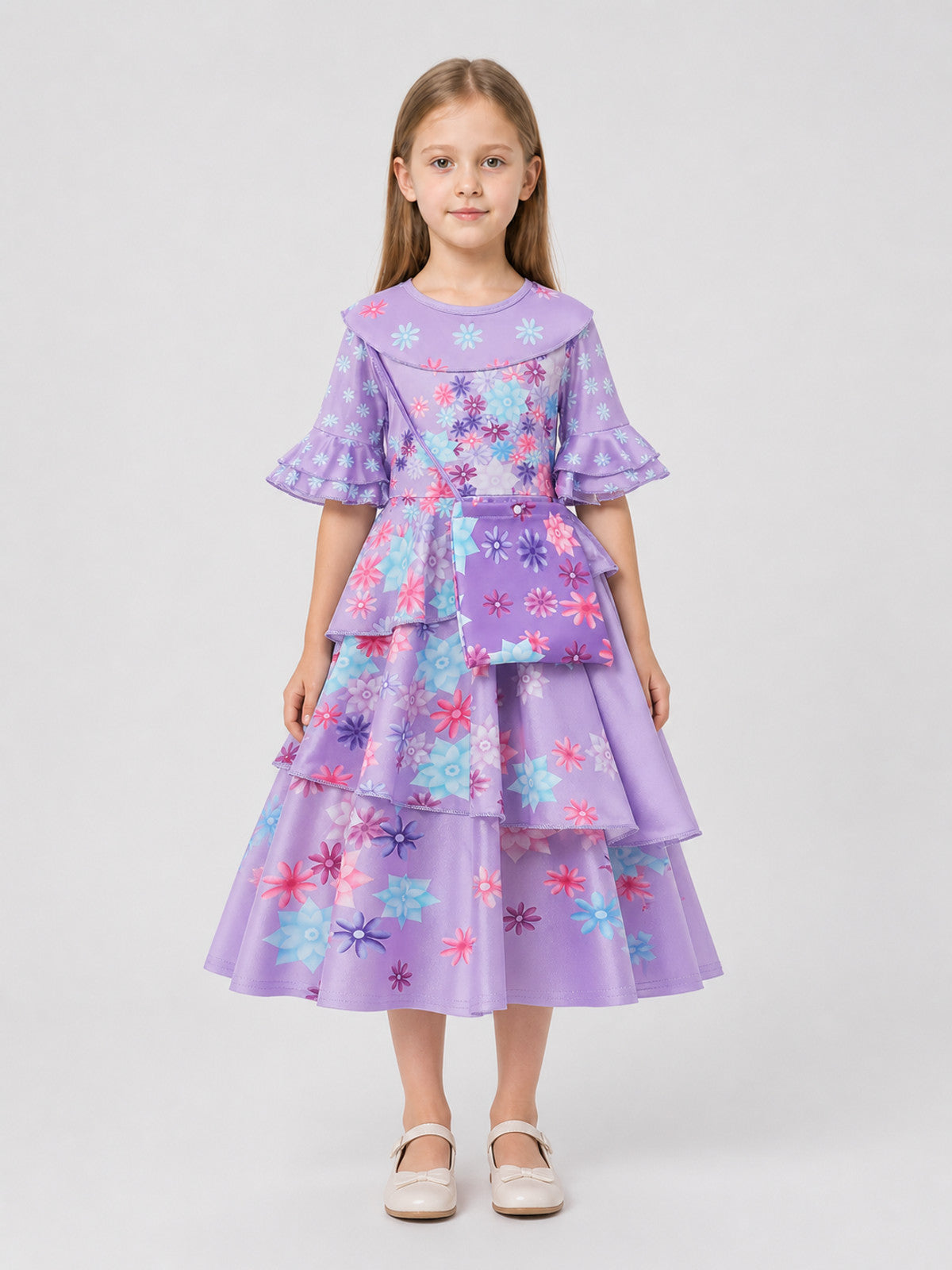 Children's Dressy Dress with Floral Print and Ruffles on-model view