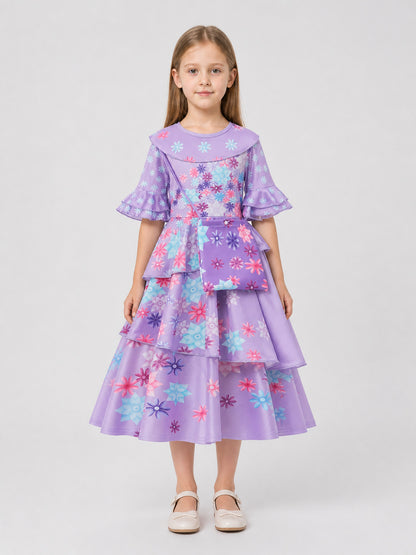 Children's Dressy Dress with Floral Print and Ruffles on-model view