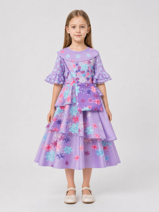 Children's Dressy Dress with Floral Print and Ruffles on-model view