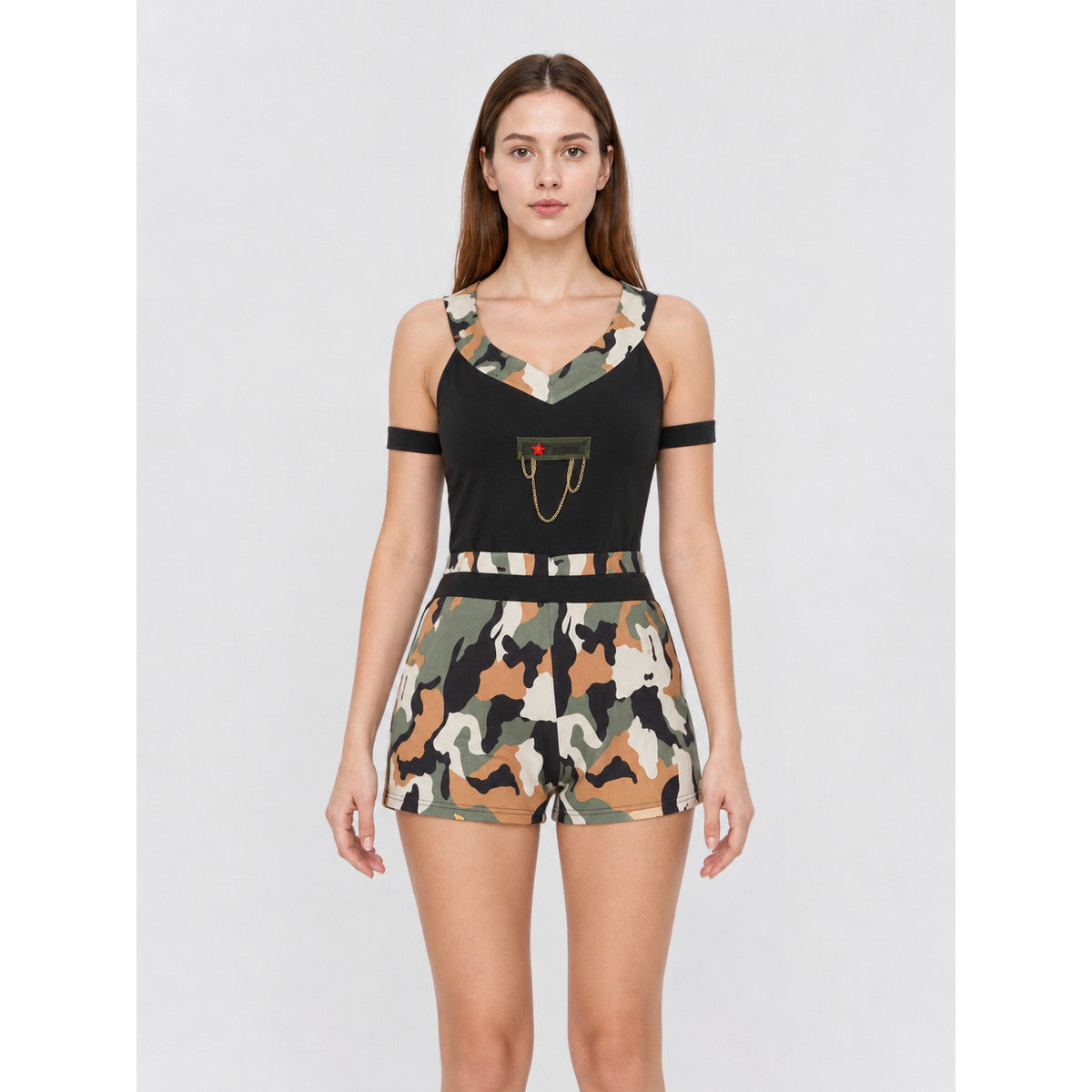 Camouflage cosplay jumpsuit costume with cap front view