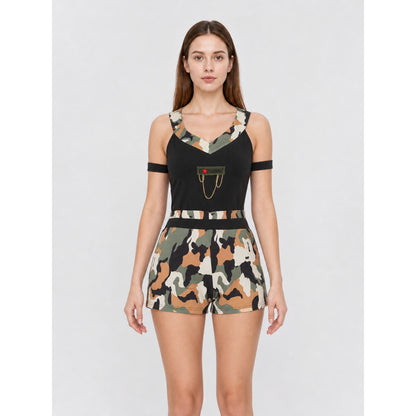 Camouflage cosplay jumpsuit costume with cap front view