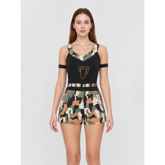 Camouflage cosplay jumpsuit costume with cap