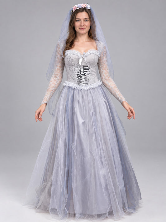 Carnival skeleton print dress costume gray and white