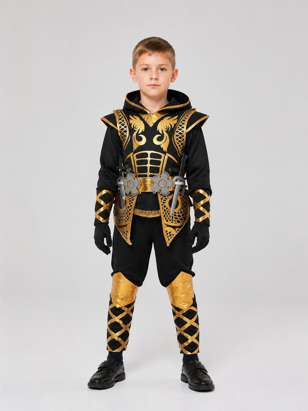 Naruto Black and Gold Ninja Costume with Hood on-model view