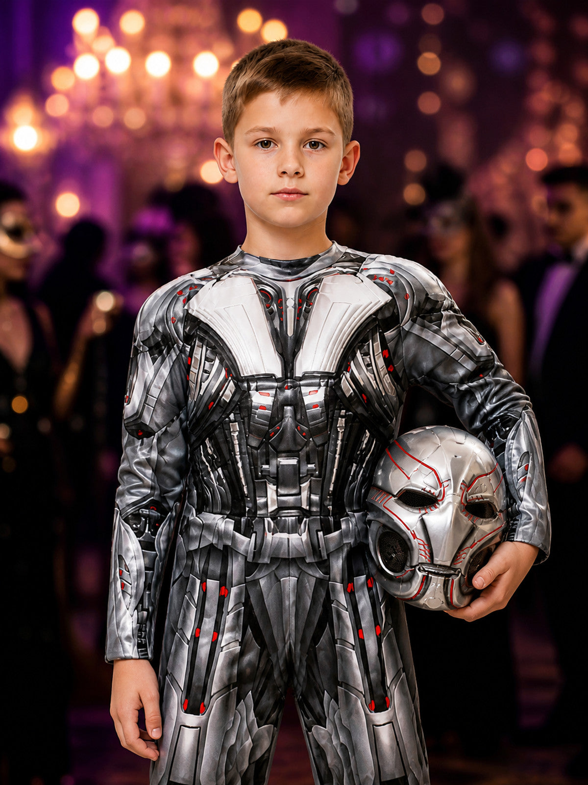 White and Red Robot Armor Jumpsuit Costume Set With Full-Face Mechanical Mask