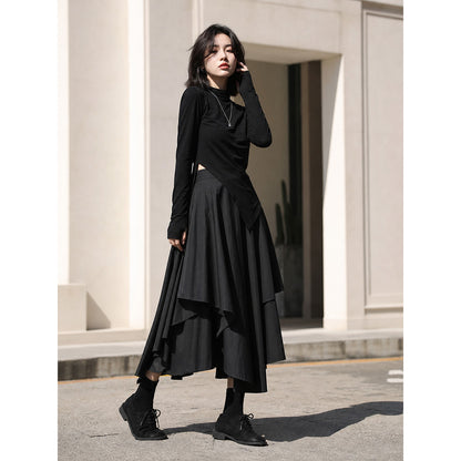 Women's Black Long Skirt with an Asymmetrical Hem