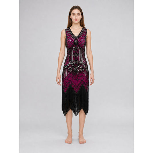 1920s-Style Flapper Dress with Fringe and Sequins front view