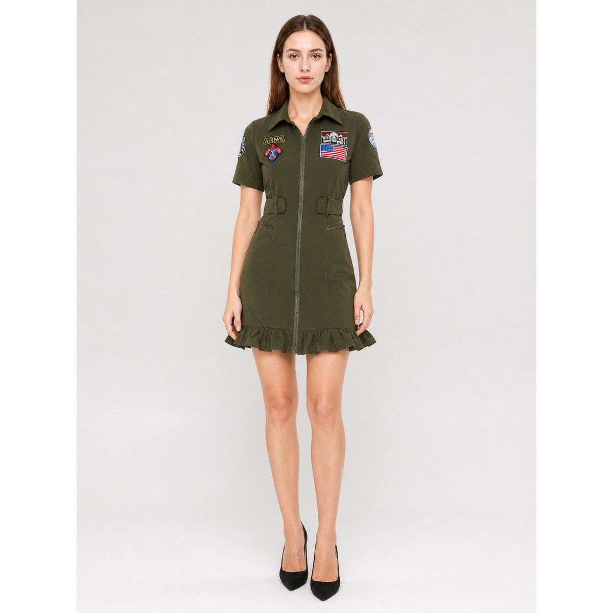 Olive Military-Style Dress with Patches on-model view