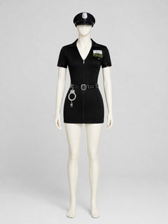Women's Black Police Costume – Zip-Front Romper with Hat, Belt & Toy Handcuffs