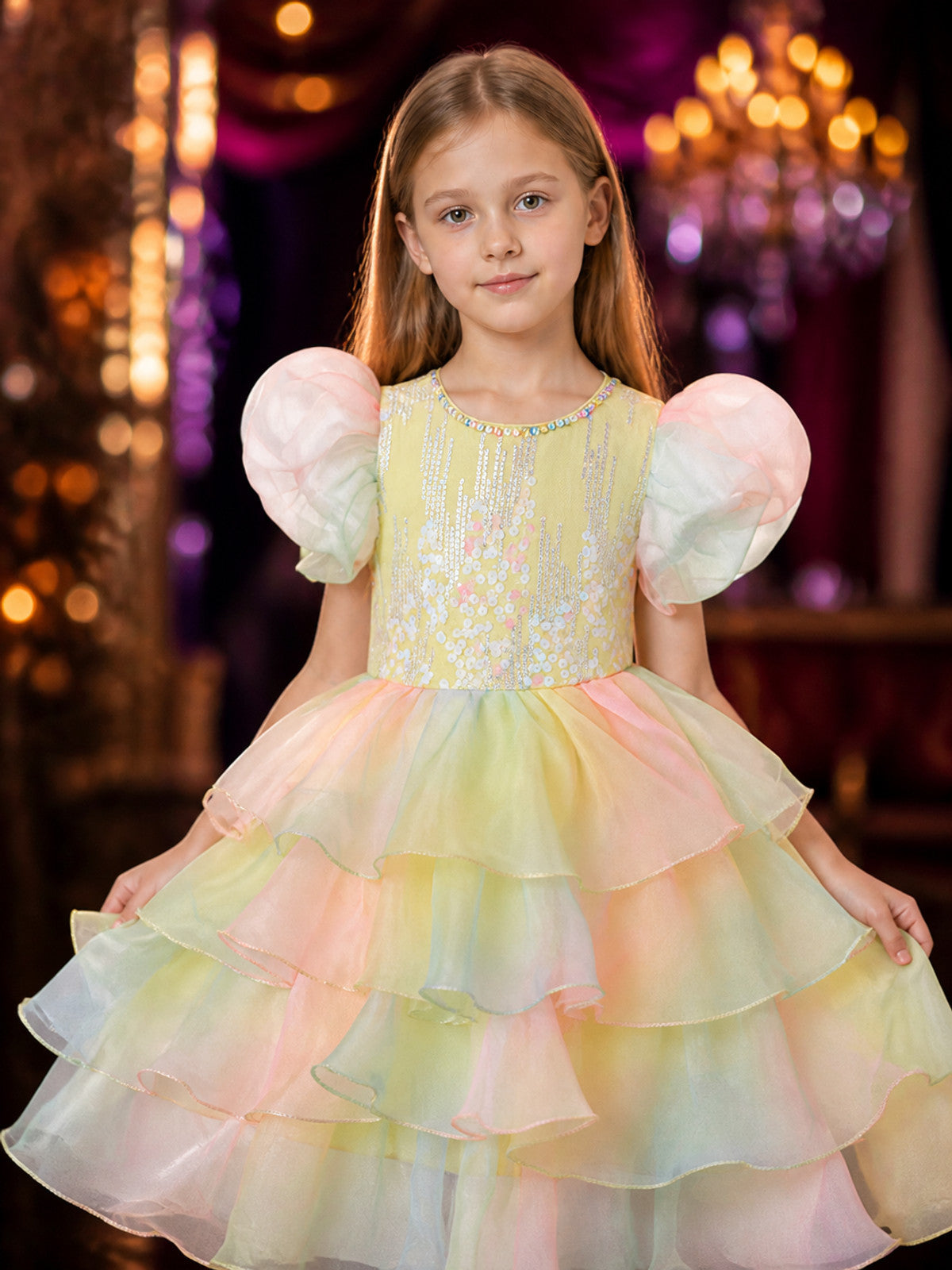 Girls' Multicolor Gradient Princess Formal Dress with Sequined Beaded Bodice and on-model view
