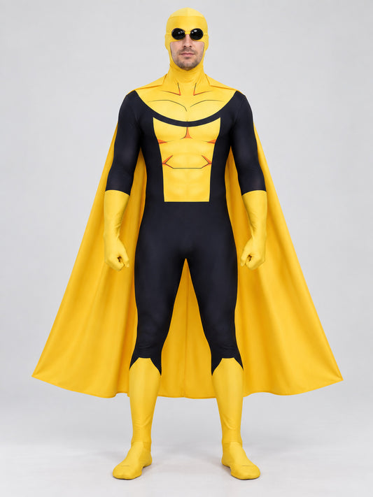 Yellow and black superhero costume with cape, mask, and glasses
