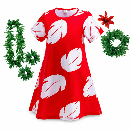 Experiment 626 Lilo Role Play Dress Hawaii Costume Children Red Frock Featured with White Feather Print - Color:dress style C
