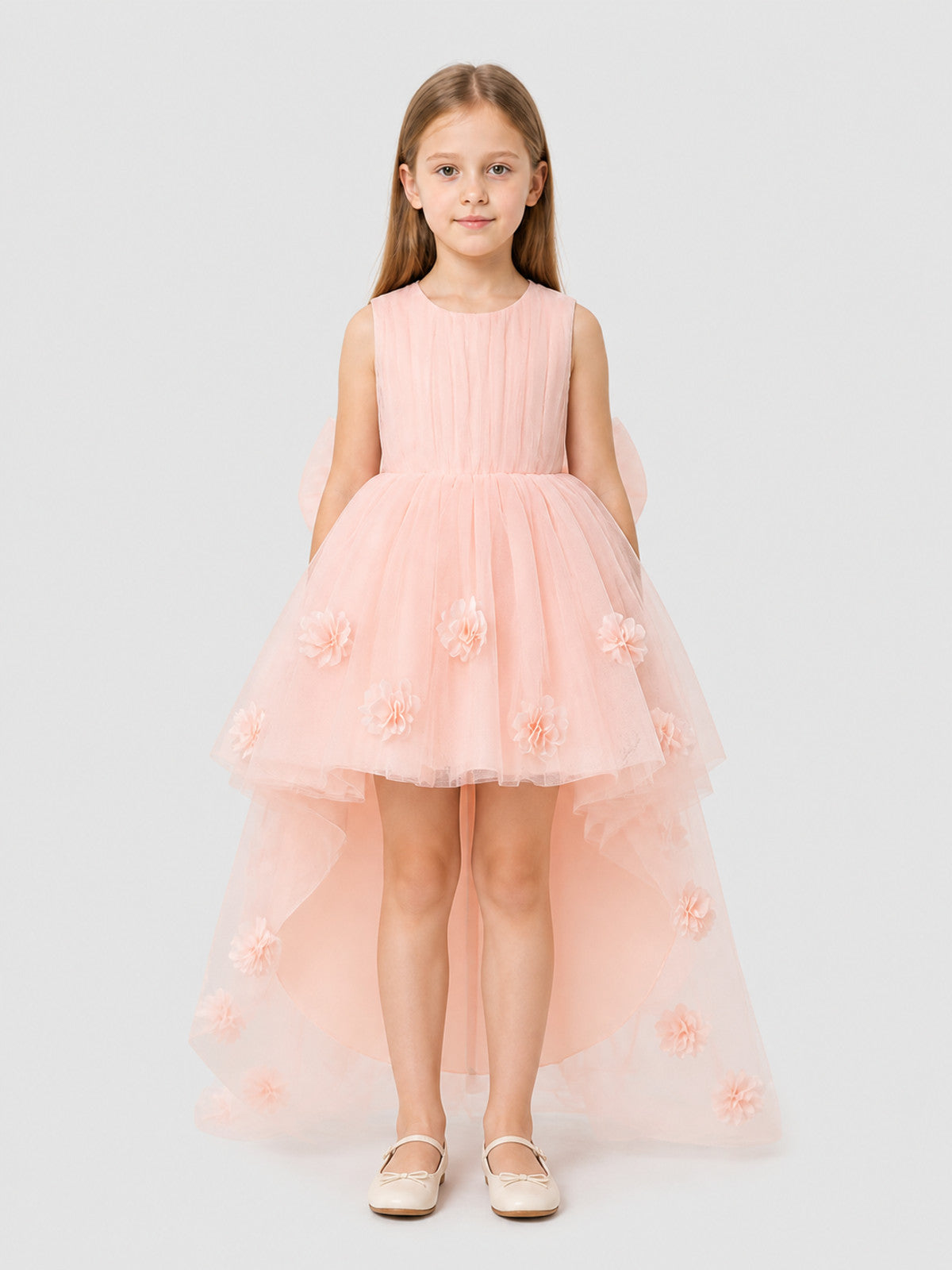 Sleeveless Children's Tutu Dress with Flowers and a Train on-model view
