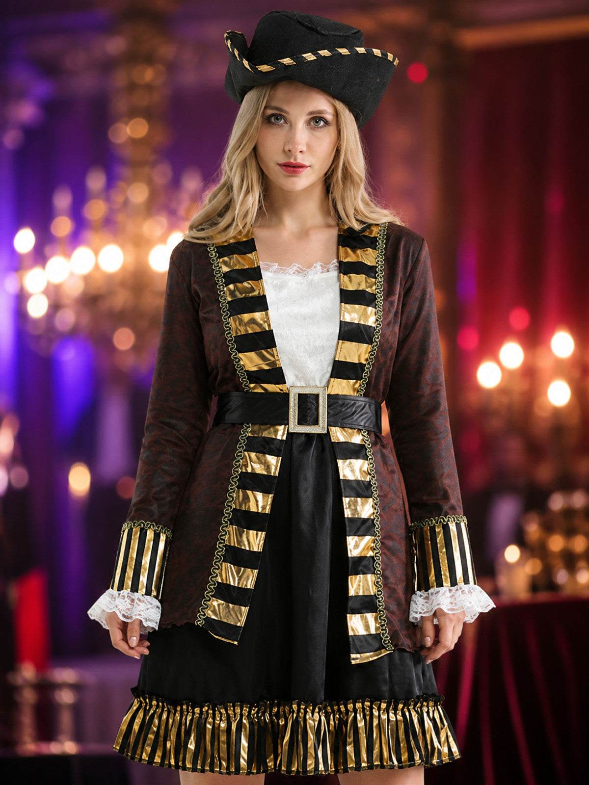 Women's Pirate Costume Set - Black & Gold Striped Jacket, Dress, Hat & Belt