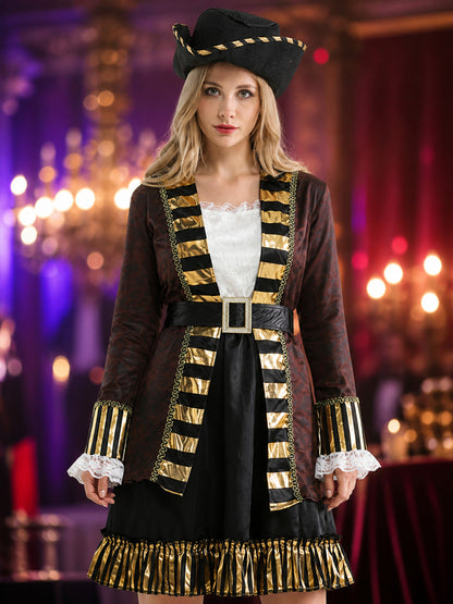 Women's Pirate Costume Set - Black & Gold Striped Jacket, Dress, Hat & Belt