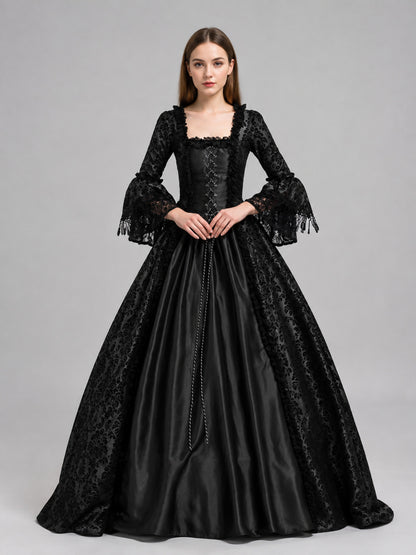 Floor-Length Medieval Dress with Lace and Lacing on-model view