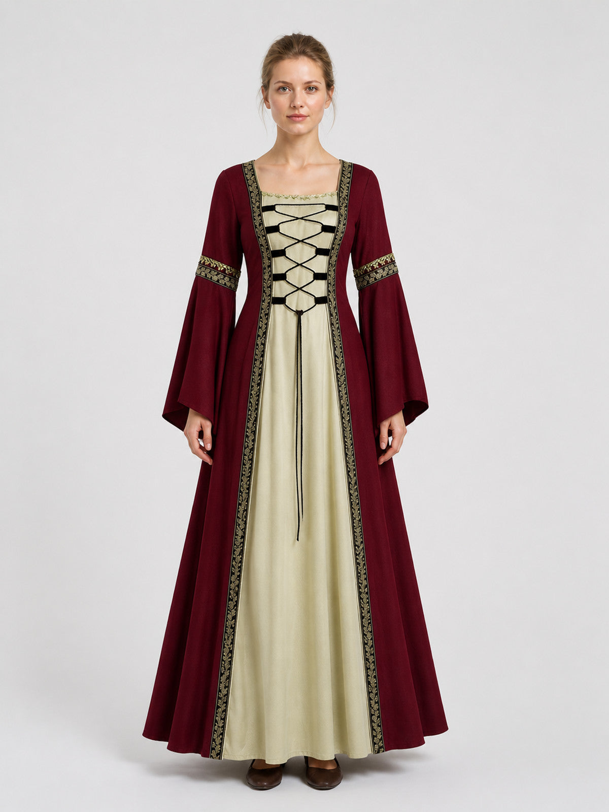 Long Medieval Dress with Flared Sleeves on-model view