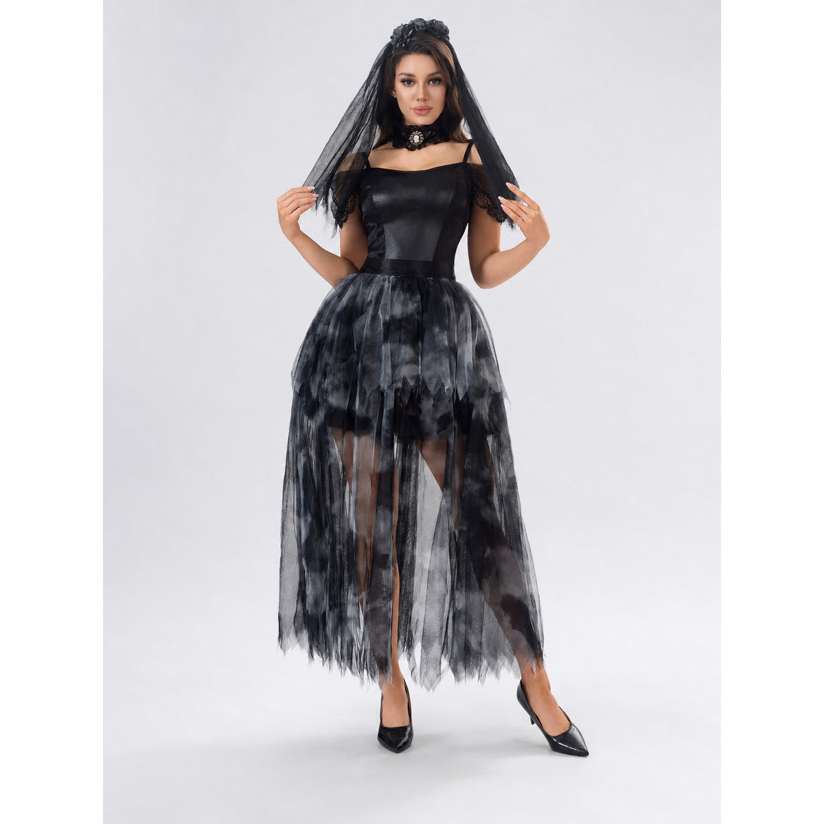 Gothic Black Dress with Veil for Cosplay