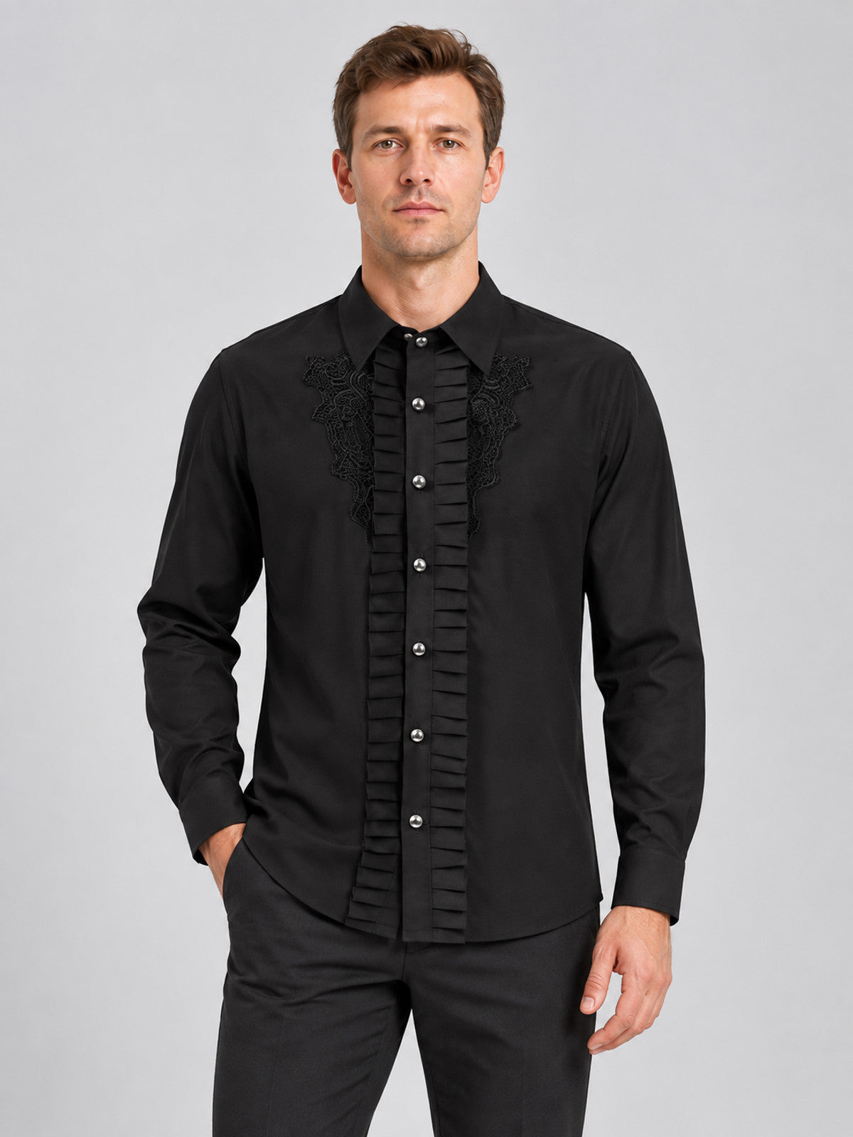 Black long-sleeve shirt with lace trim