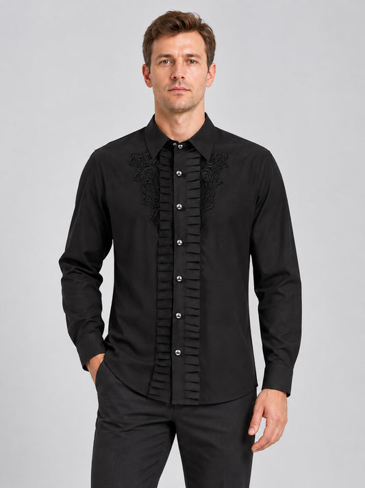Black long-sleeve shirt with lace trim