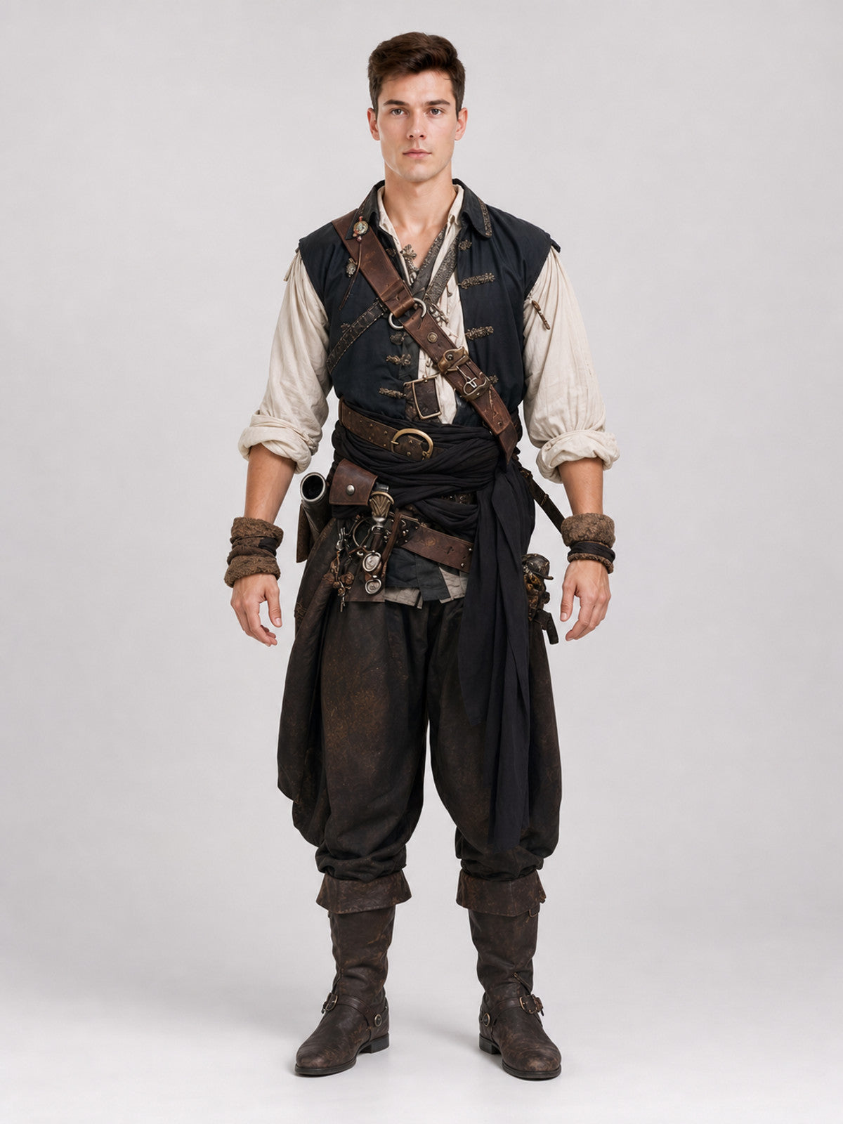 Full-body model wearing a black pirate costume with a dark vest, cream shirt, belts, sash, trousers, cuffs, and tall boots