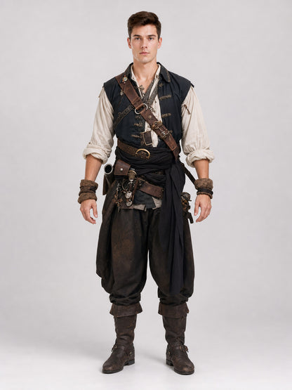 Full-body model wearing a black pirate costume with a dark vest, cream shirt, belts, sash, trousers, cuffs, and tall boots