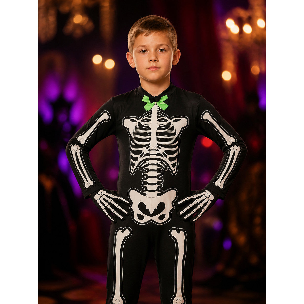 Kids Skeleton Bodysuit Halloween Costume, Black with White Bone Print and Green on-model view