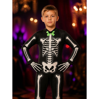 Kids Skeleton Bodysuit Halloween Costume, Black with White Bone Print and Green on-model view