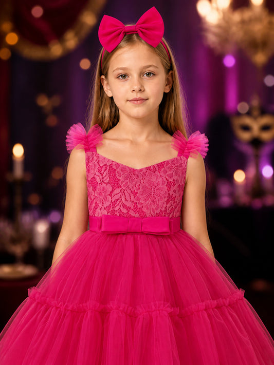 Toddler Girls' Rose Red Princess Dress Set with Lace Bodice, Tulle Skirt and Bow on-model view