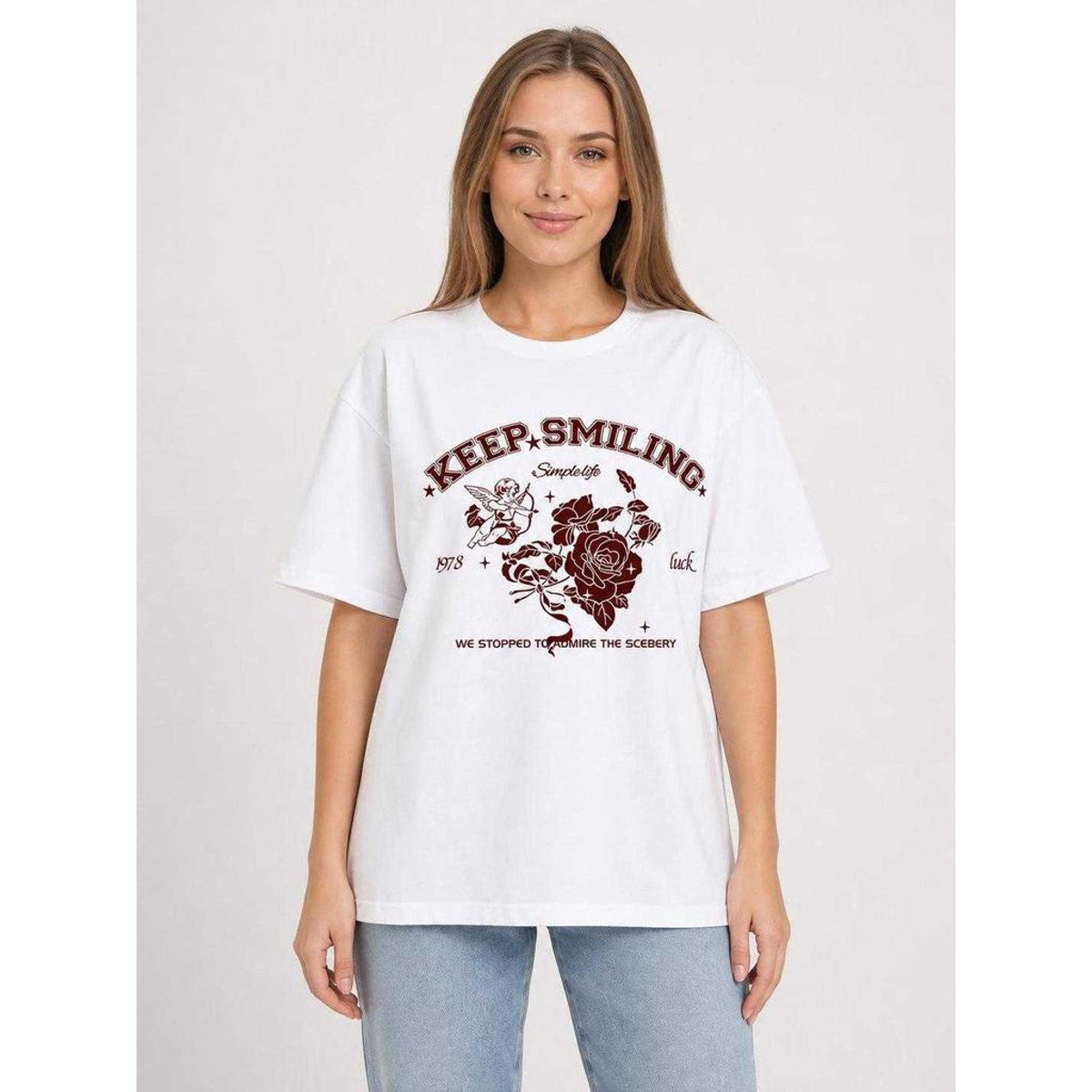 Loose-fit oversized white T-shirt with print on-model view