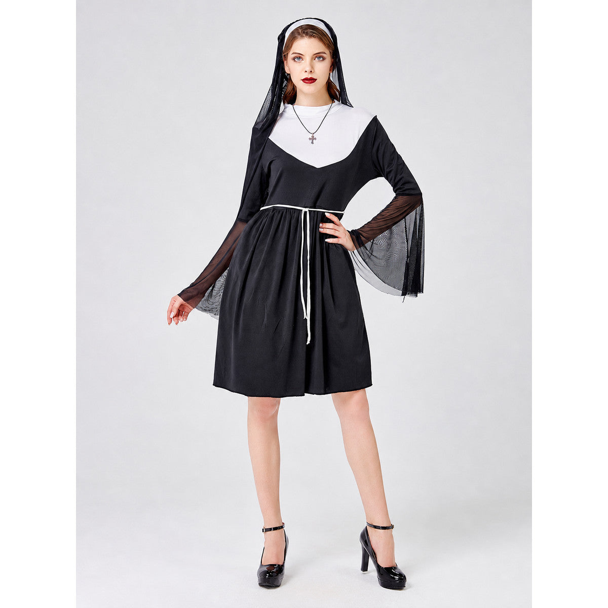 Robe Costume with Veil, White Collar, and Sleeves