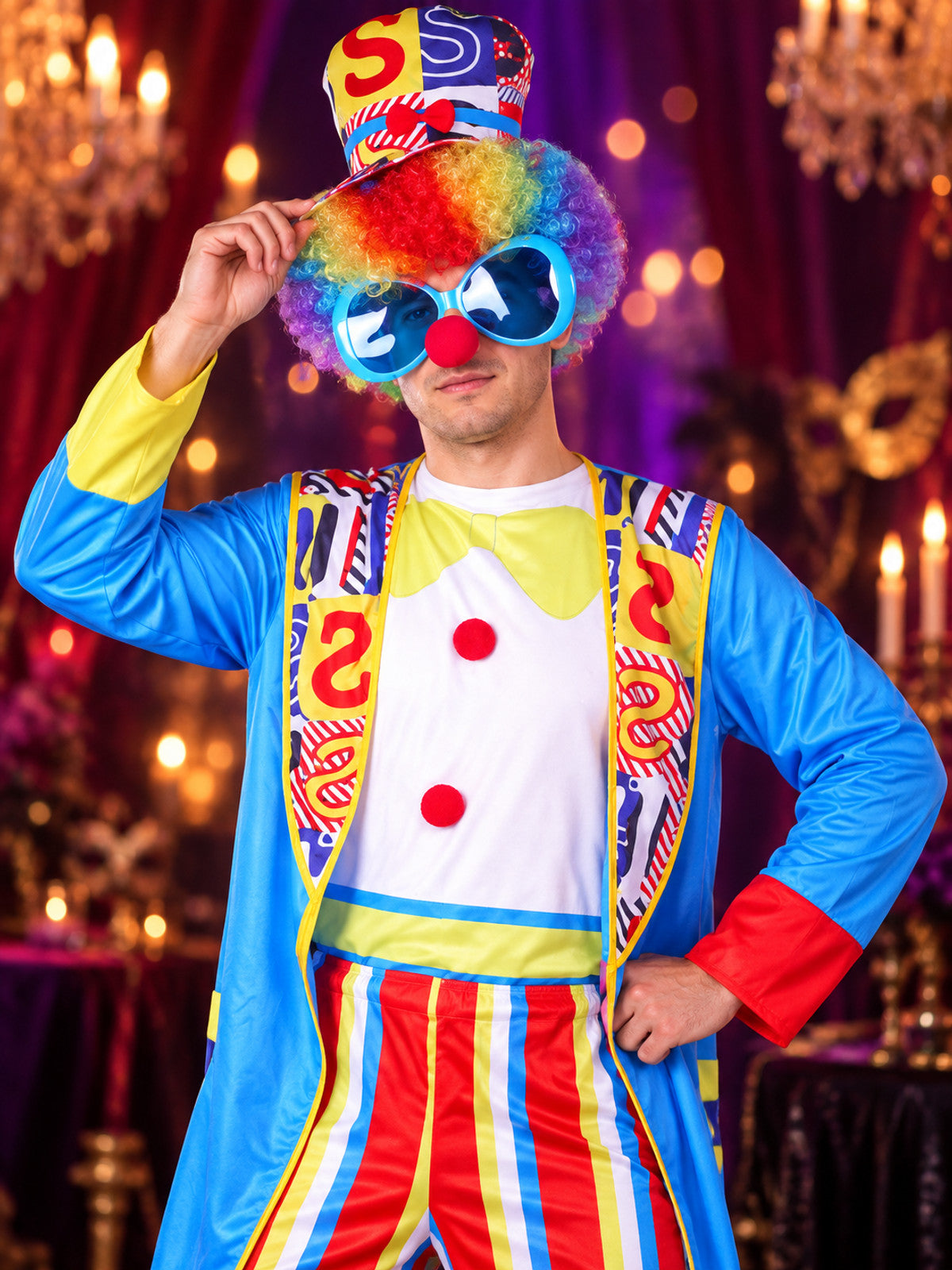 Colorful Clown Costume for Adults: Jumpsuit, Mask