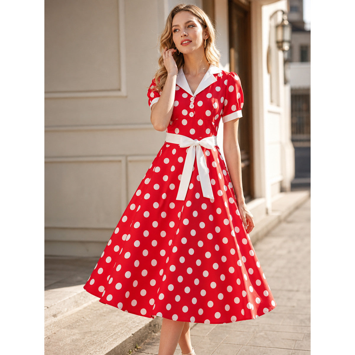 Polka Dot Dress with a Turn-Down Collar and Belt