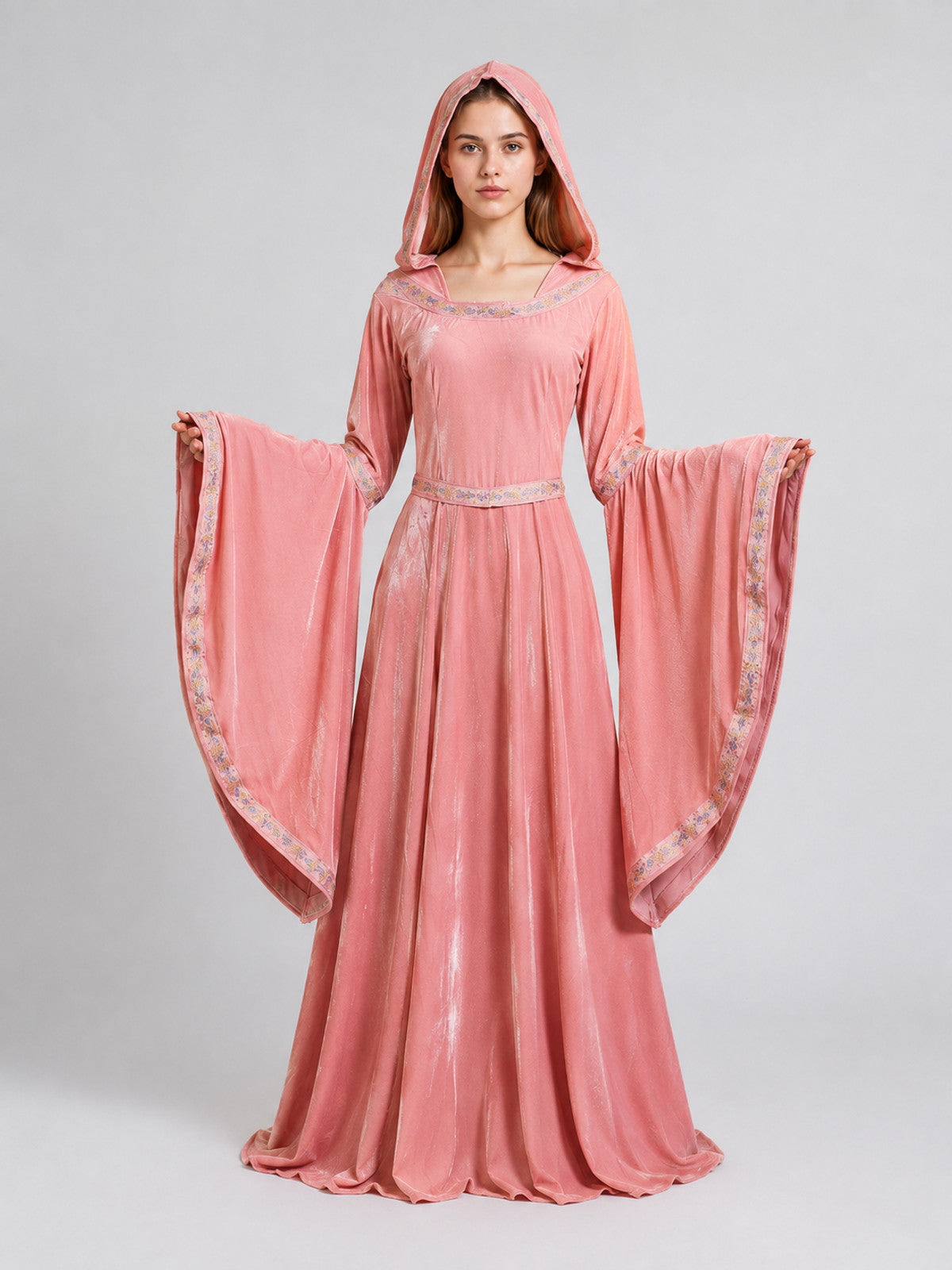Medieval-Style Hooded Dress with Belt on-model view