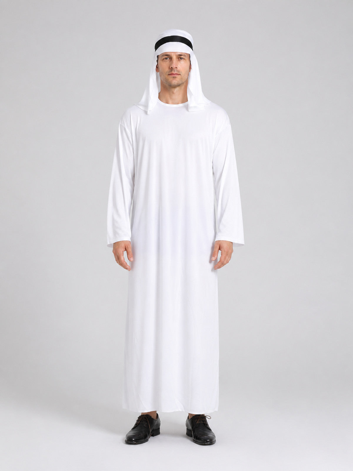 Carnival Costume: White Long Robe and Headwear on-model view