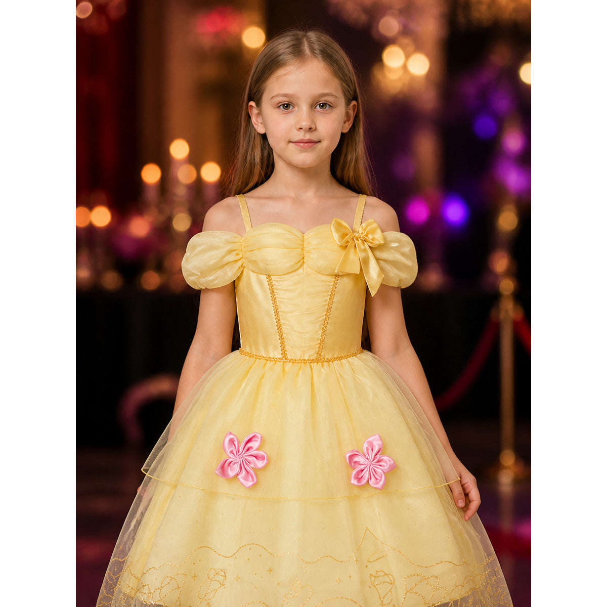 Girls Princess Dress Tutu Ball Gown with Butterfly Bow & Floral Embroidery on-model view