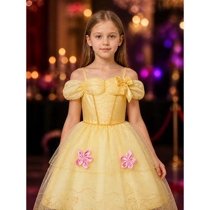 Girls Princess Dress Tutu Ball Gown with Butterfly Bow & Floral Embroidery on-model view